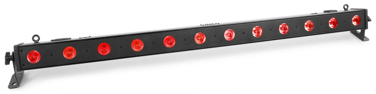 Top view of the beamZ LCB140 LED Bar with 12x 6W 4-in-1 LEDs and RGBW color mixing in Red.