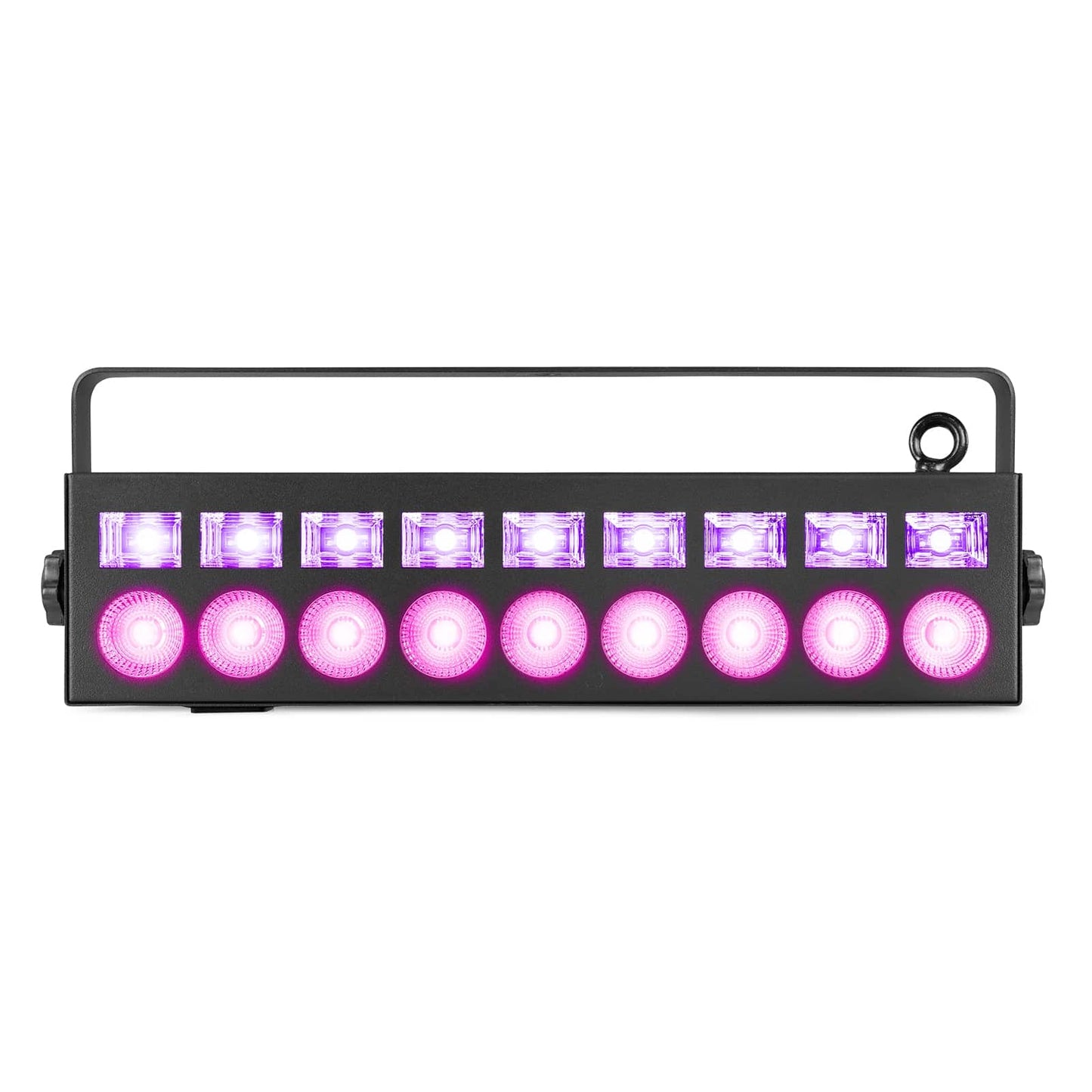 Front view of the beamZ LCB99 LED Bar with 9x 6W RGBW LEDs and 9x 3W UV LEDs for dynamic lighting effects.