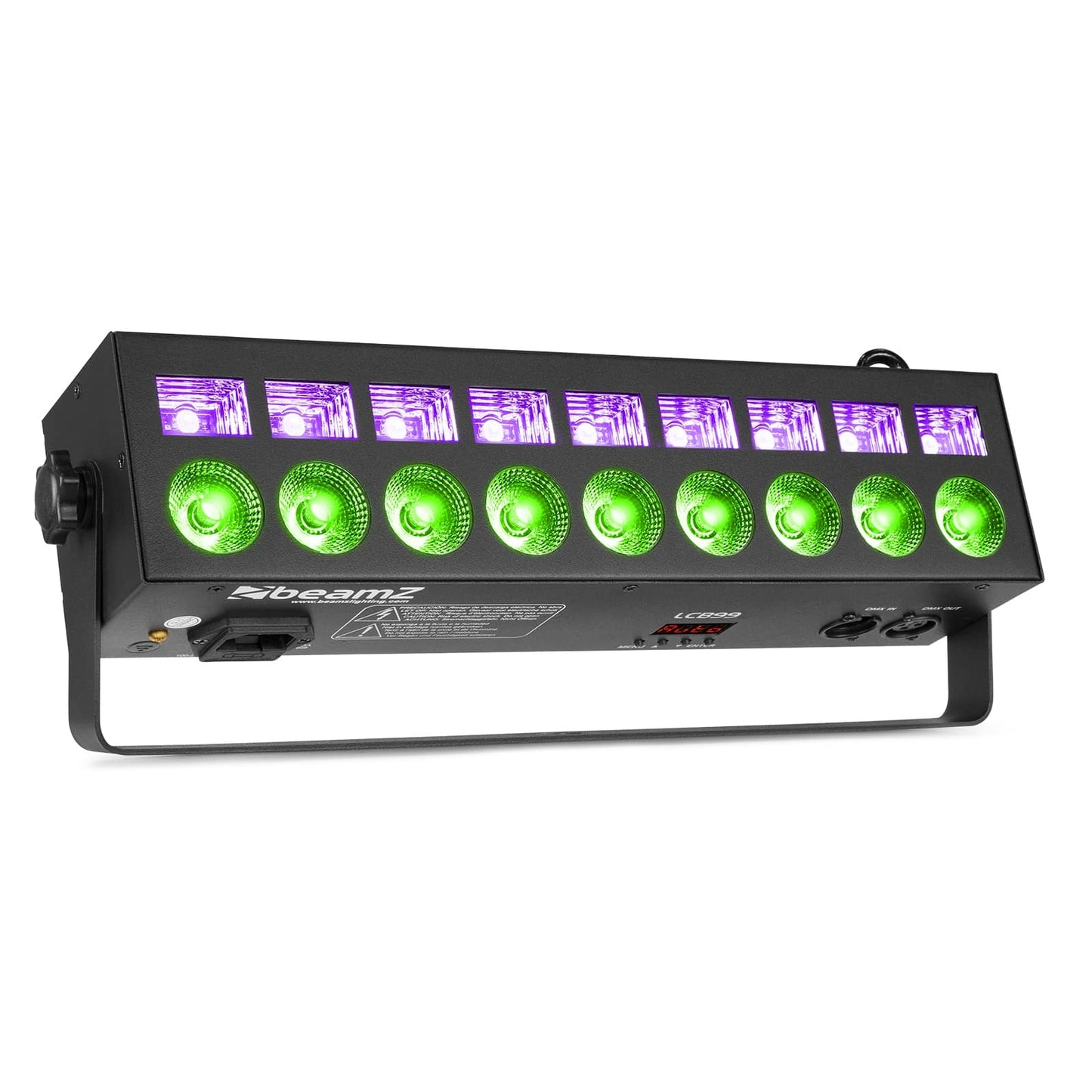 Front angled view of the beamZ LCB99 LED Bar with 9x 6W RGBW LEDs and 9x 3W UV LEDs for dynamic lighting effects 2.