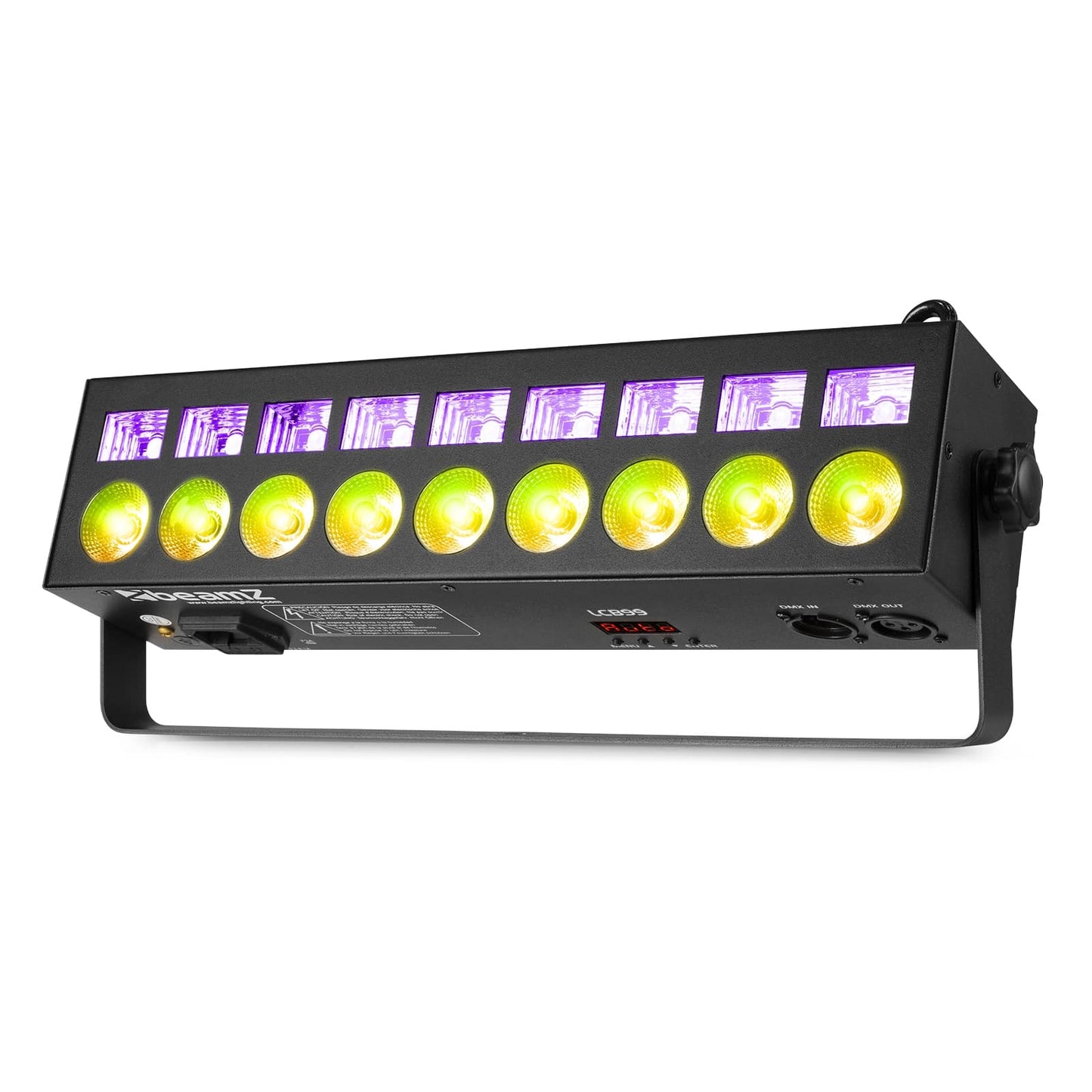 Front angled view of the beamZ LCB99 LED Bar with 9x 6W RGBW LEDs and 9x 3W UV LEDs for dynamic lighting effects 4.