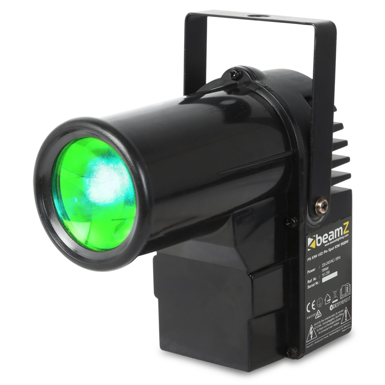 Angled view of the beamZ PS10W LED Pin Spot with 10W RGBW color mixing and DMX control 3.