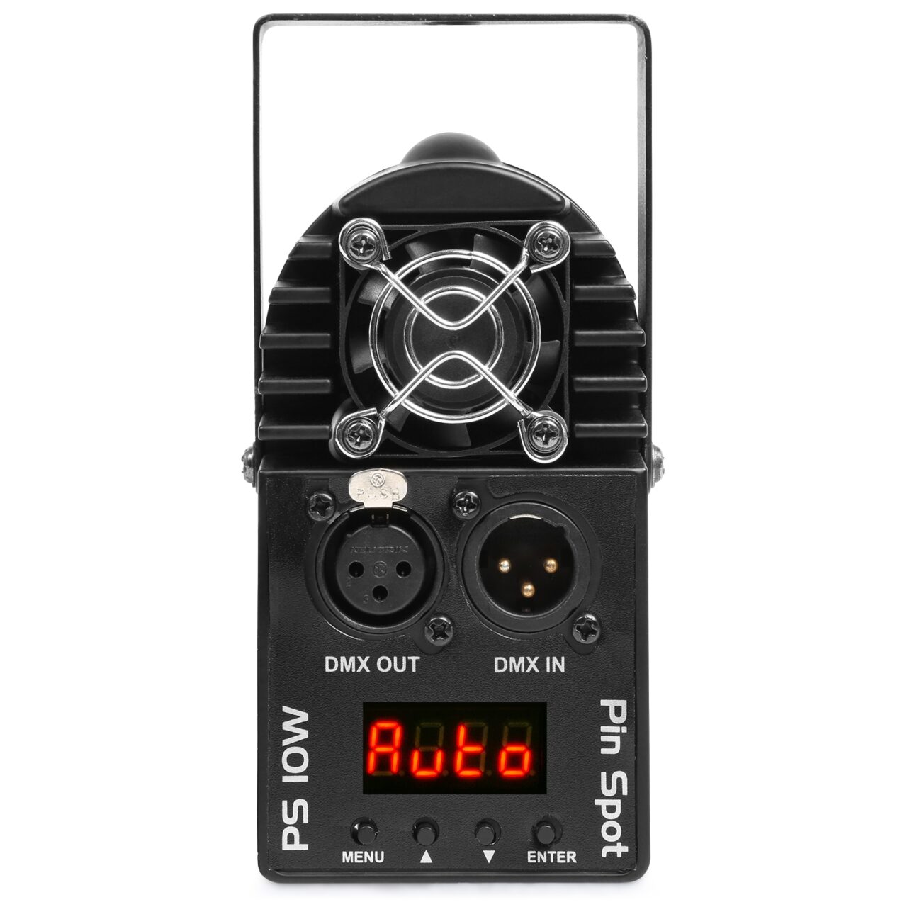 Back view of the beamZ PS10W LED Pin Spot with 10W RGBW color mixing and DMX control.