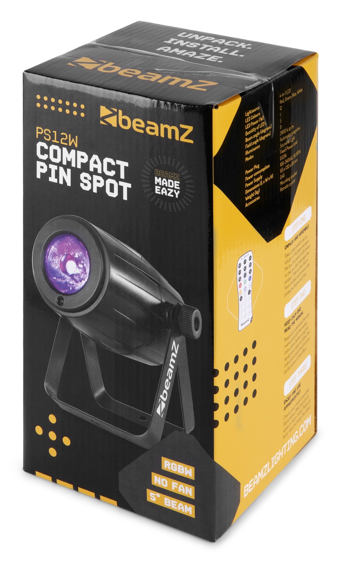 Top view of the boxed beamZ PS12W LED Spot with 12W RGBW color mixing and remote control.