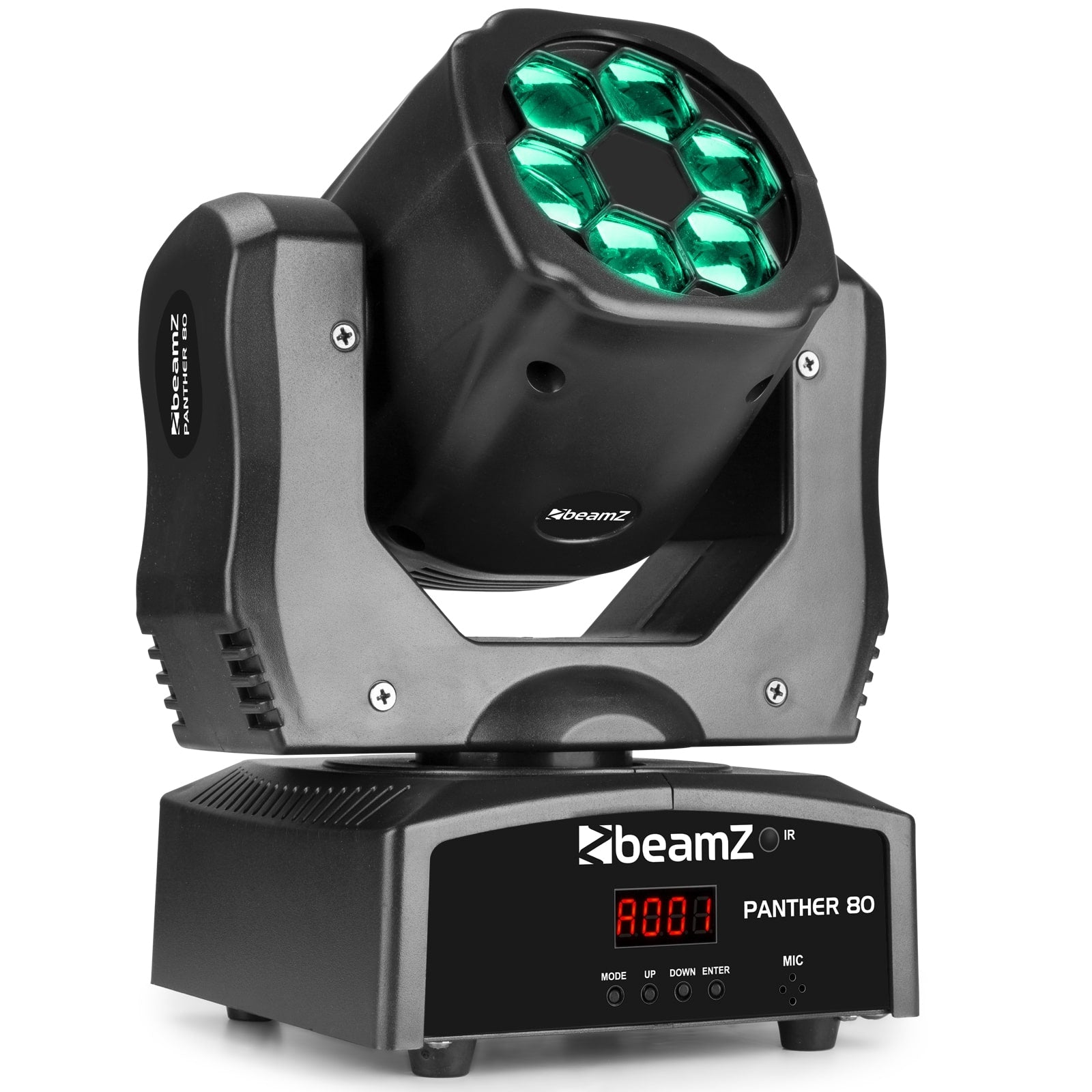 Front view of the beamZ Panther 80 LED Bee Eye Moving Head with RGBW LEDs in Green.