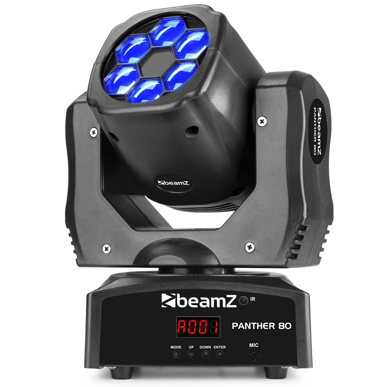 Front view of the beamZ Panther 80 LED Bee Eye Moving Head with RGBW LEDs in Blue.