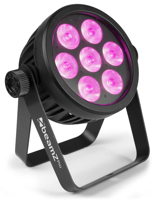 Angled view of the beamZ Pro BAC503 Aluminium ProPar with 7x 10W RGBA color mixing LEDs and remote control in Purple 1.