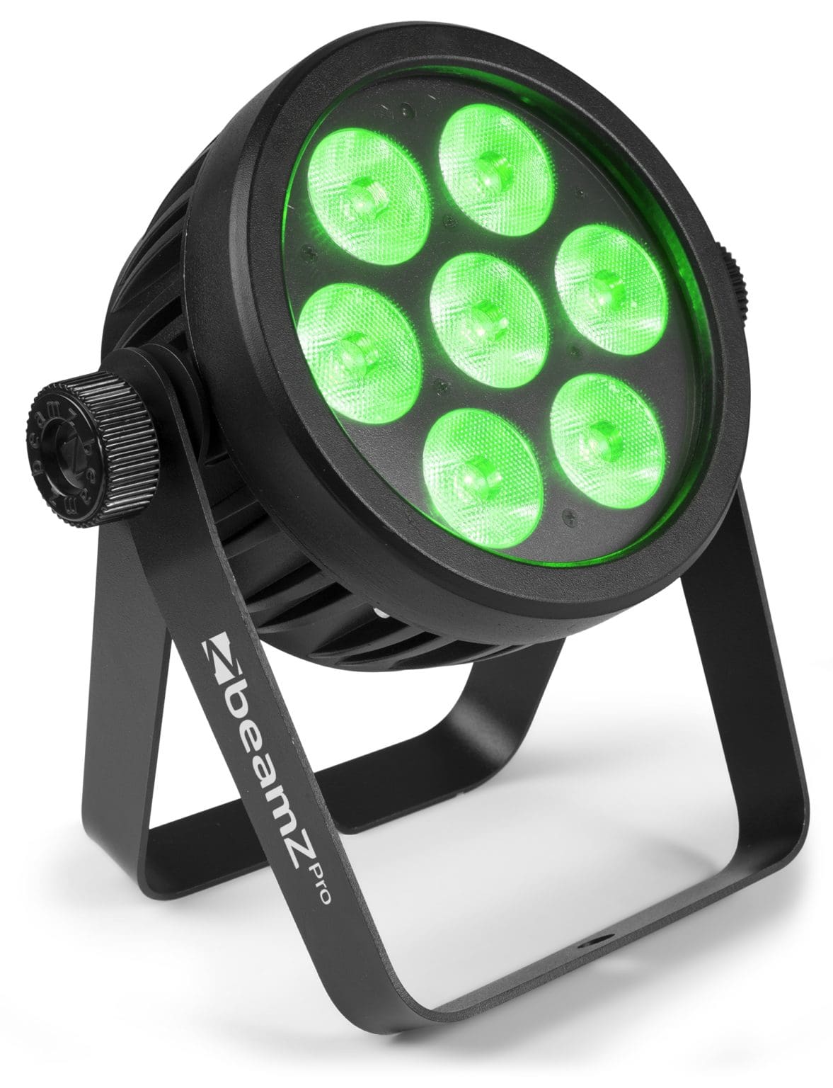 Angled view of the beamZ Pro BAC503 Aluminium ProPar with 7x 10W RGBA color mixing LEDs and remote control in Green 2.