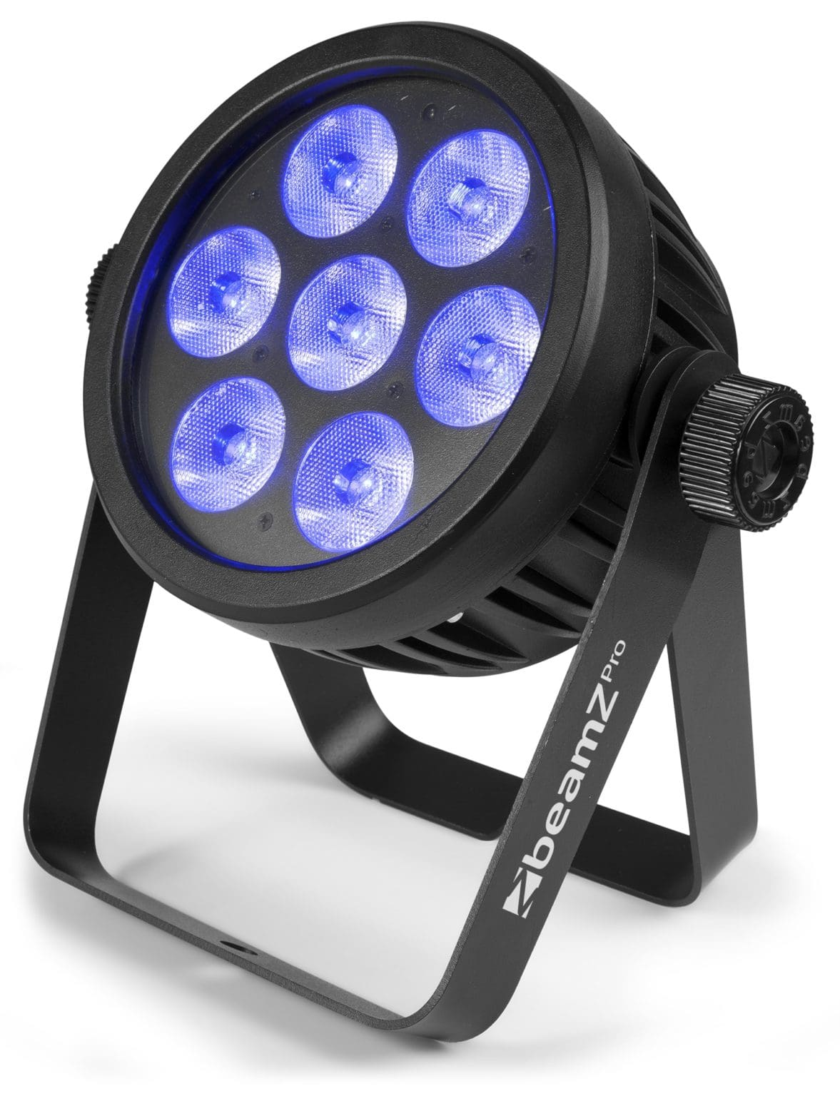 Angled view of the beamZ Pro BAC503 Aluminium ProPar with 7x 10W RGBA color mixing LEDs and remote control in Purple 3.