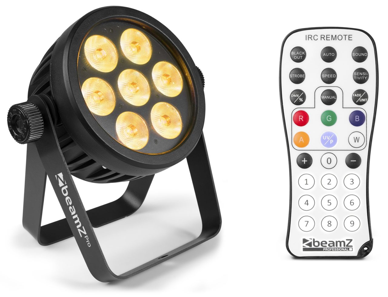 Angled view of the beamZ Pro BAC503 Aluminium ProPar with 7x 10W RGBA color mixing LEDs and remote control in Yellow 4.