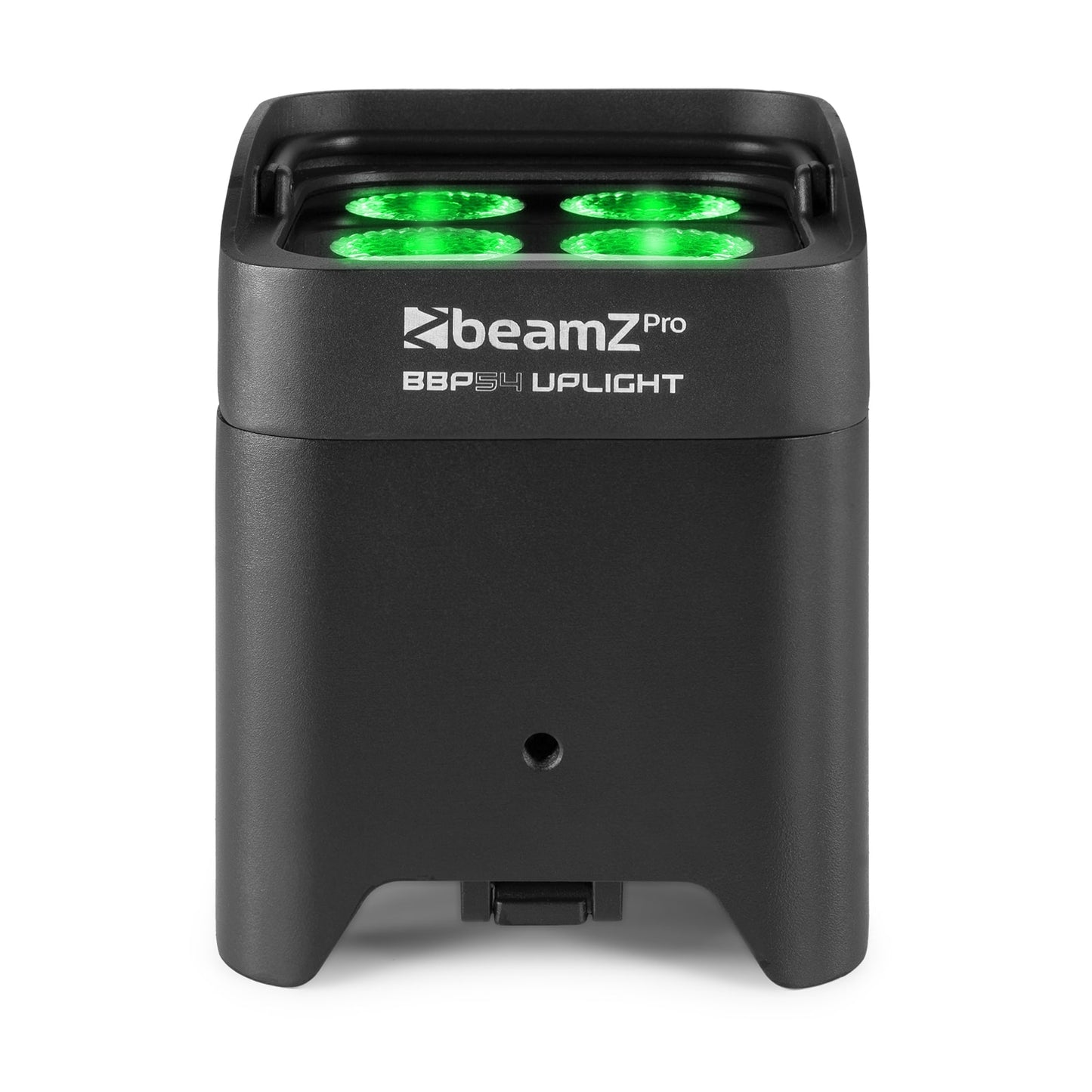 Front view of the beamZ Pro BBP54 Battery Uplight Par with 4x 12W 6-in-1 RGBAW-UV LEDs, wireless-DMX, and replaceable battery in Green.