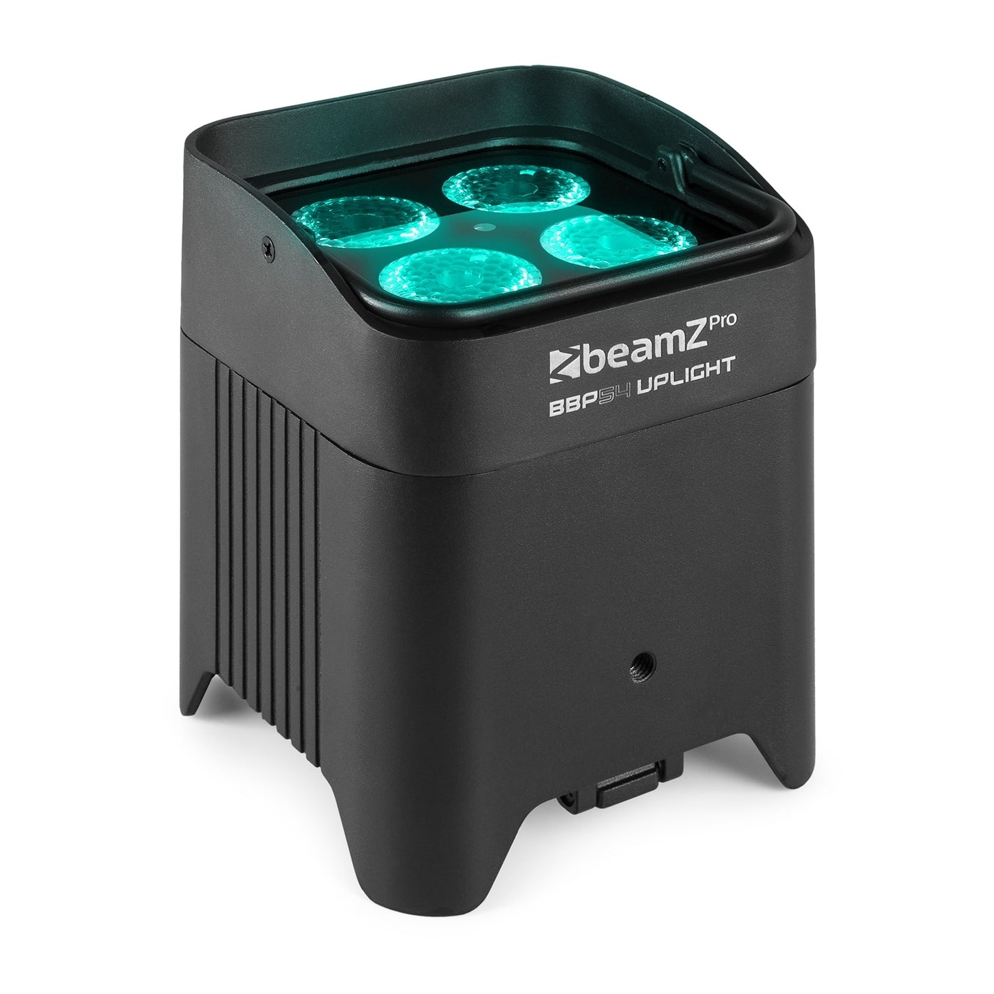 Front angled view of the beamZ Pro BBP54 Battery Uplight Par with 4x 12W 6-in-1 RGBAW-UV LEDs, wireless-DMX, and replaceable battery in Light Blue/Cyan.