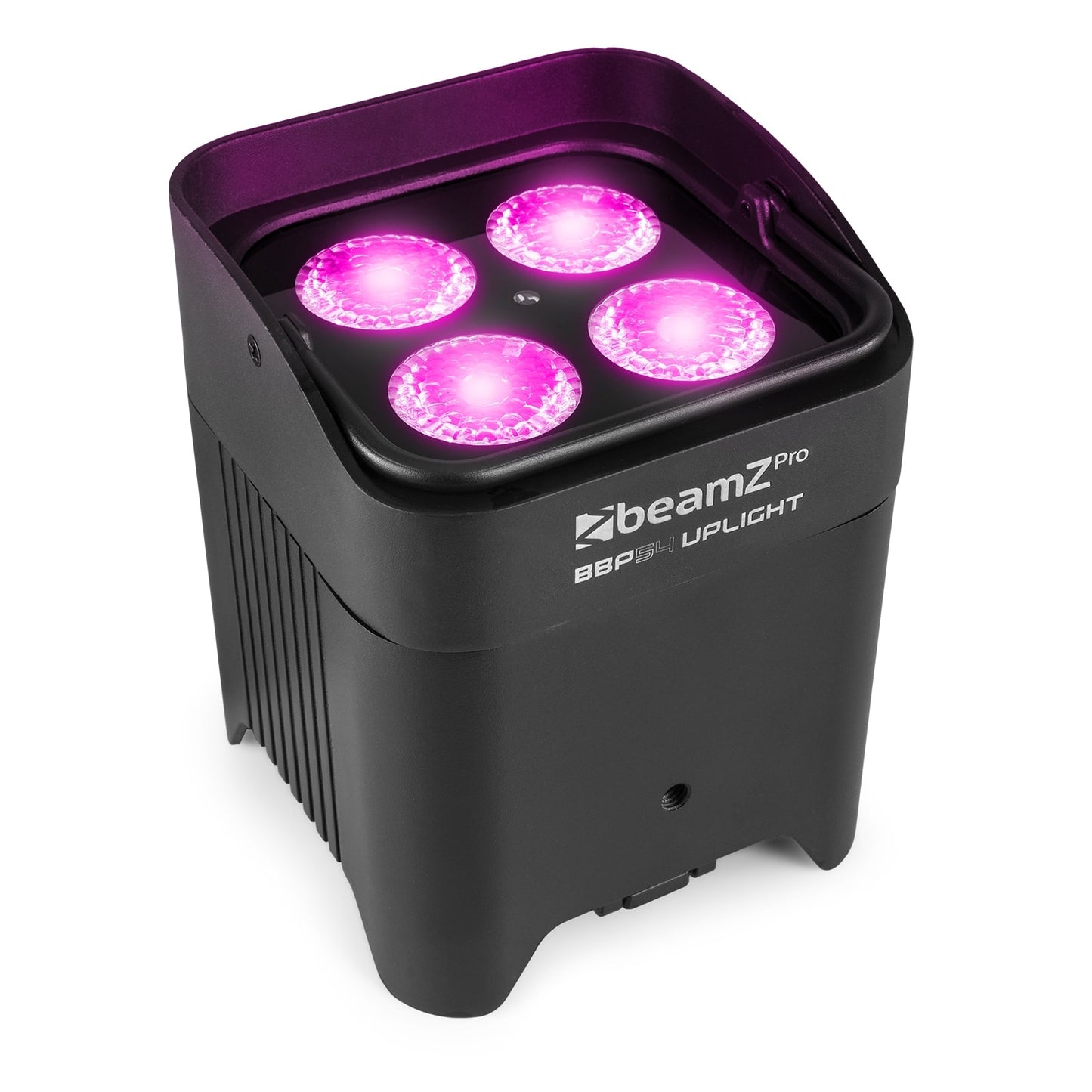 Front angled view of the beamZ Pro BBP54 Battery Uplight Par with 4x 12W 6-in-1 RGBAW-UV LEDs, wireless-DMX, and replaceable battery in Pink.