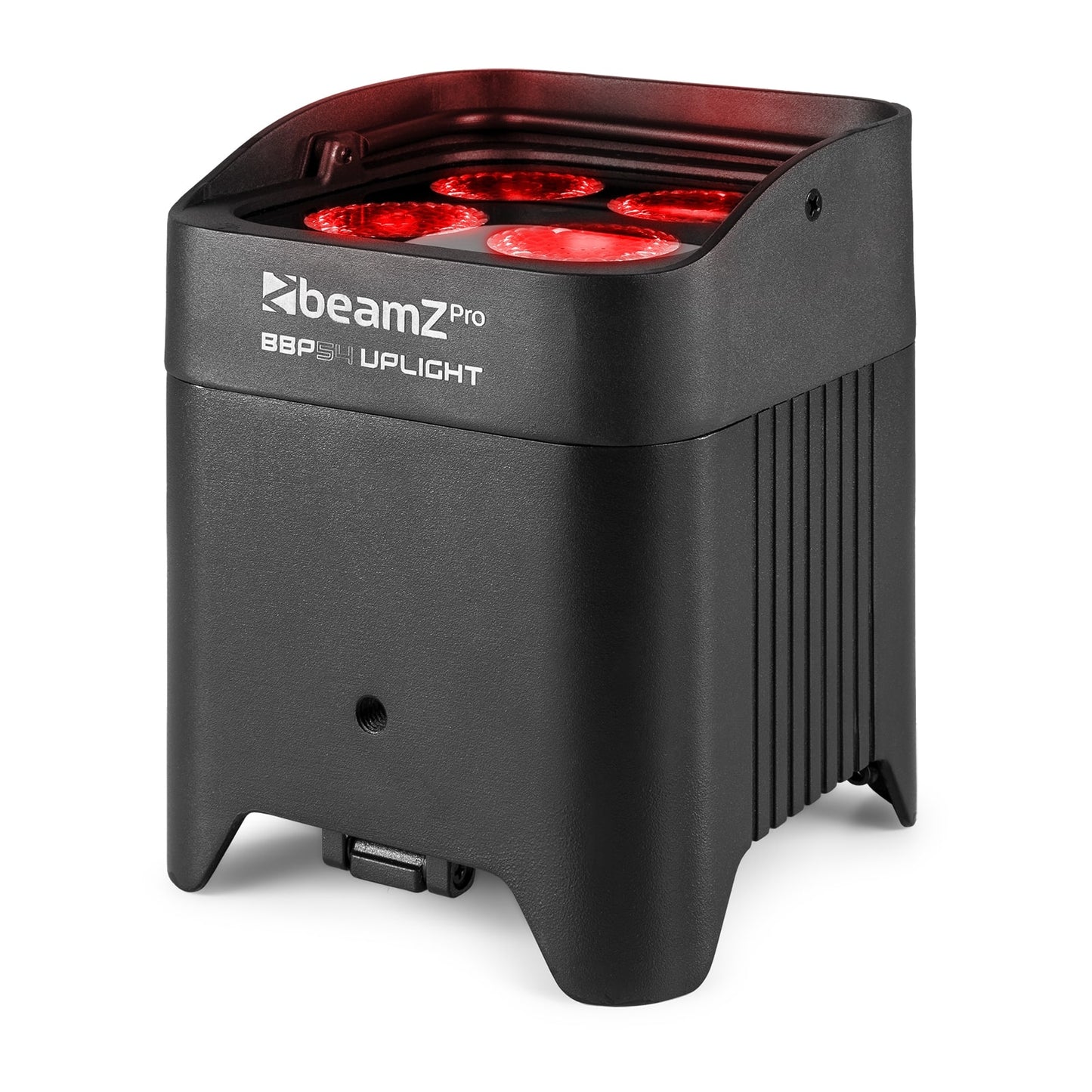Front angled view of the beamZ Pro BBP54 Battery Uplight Par with 4x 12W 6-in-1 RGBAW-UV LEDs, wireless-DMX, and replaceable battery in Red.