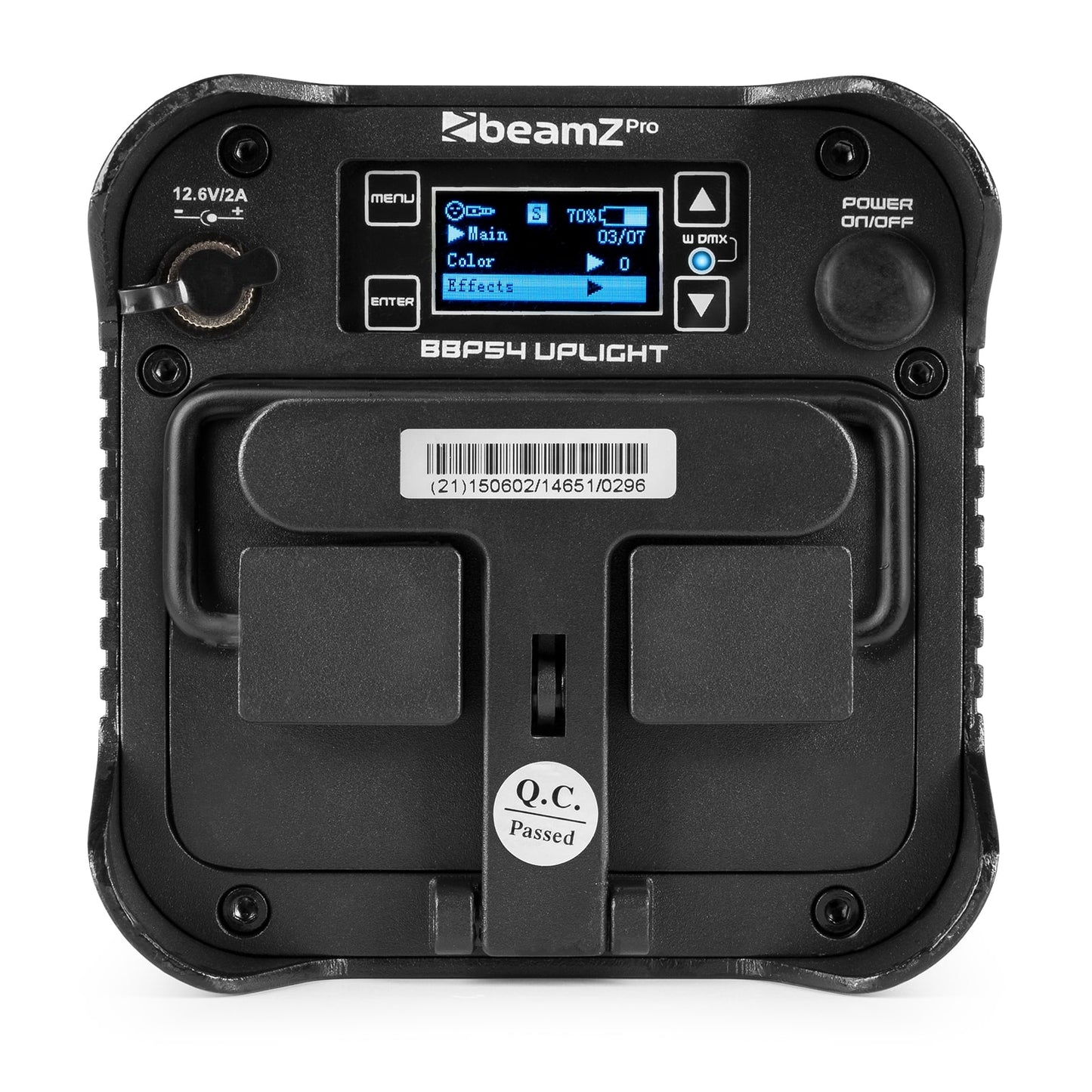 Bottom view of the beamZ Pro BBP54 Battery Uplight Par with 4x 12W 6-in-1 RGBAW-UV LEDs, wireless-DMX, and replaceable battery 1.