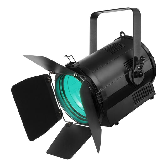 Angled view of the beamZ Pro BTF200CZ Fresnel Zoom 200W LED RGBW light fixture with 18° to 60° motorized zoom and RGBW color mixing 1.