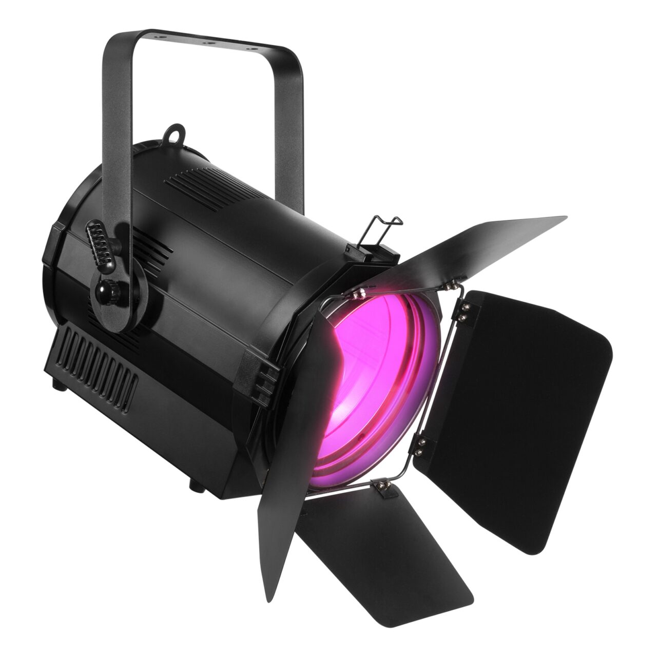 Angled view of the beamZ Pro BTF200CZ Fresnel Zoom 200W LED RGBW light fixture with 18° to 60° motorized zoom and RGBW color mixing 3.