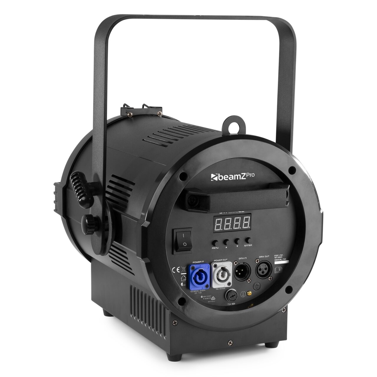 Angled back view of the beamZ Pro BTF200CZ Fresnel Zoom 200W LED RGBW light fixture with 18° to 60° motorized zoom and RGBW color mixing.