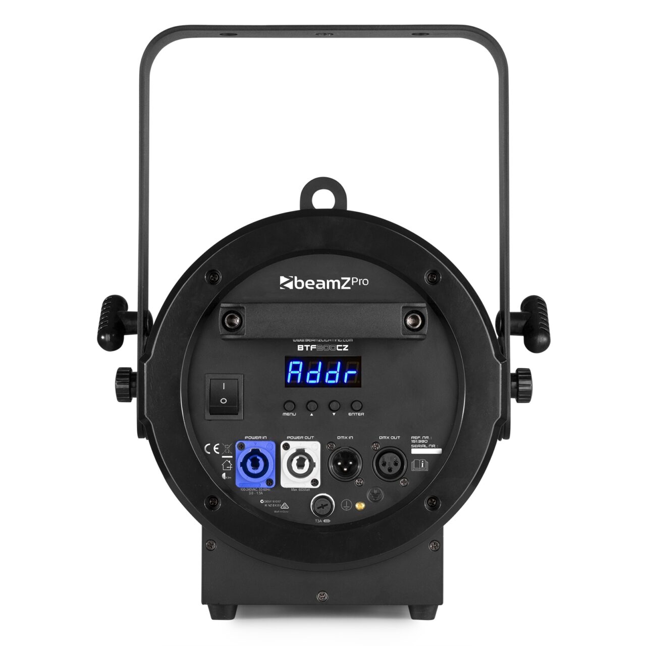 Back view of the beamZ Pro BTF200CZ Fresnel Zoom 200W LED RGBW light fixture with 18° to 60° motorized zoom and RGBW color mixing.