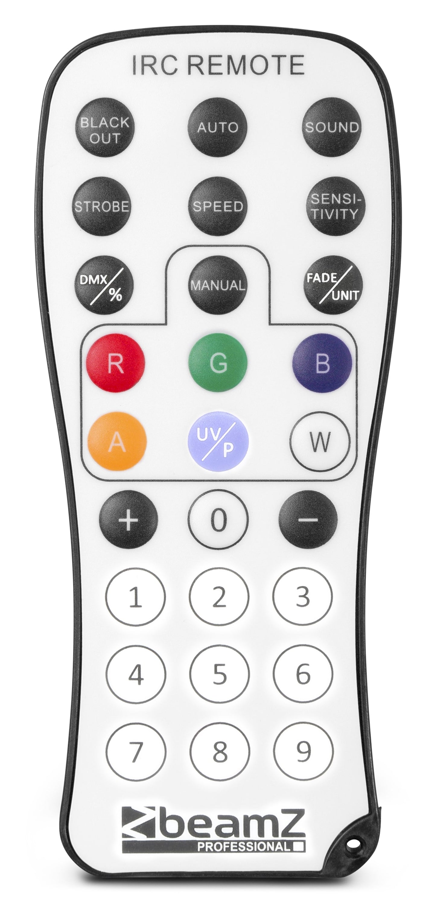 Front view of the remote control for the beamZ Pro BWA530 Aluminium IP65 LED PAR 7x 10W 4-in-1 for Outdoor Lighting.