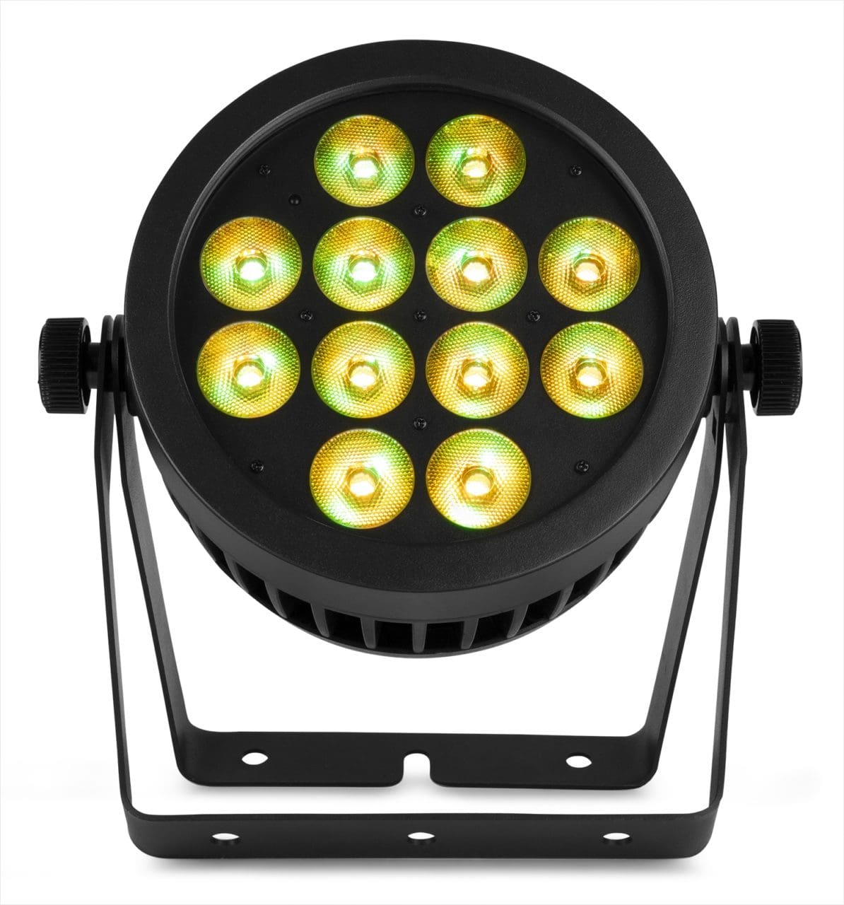 Front view of the beamZ Pro BWA532 Aluminium IP65 LED PAR 12x 12W 4-in-1 for Outdoor Lighting in Yellow.