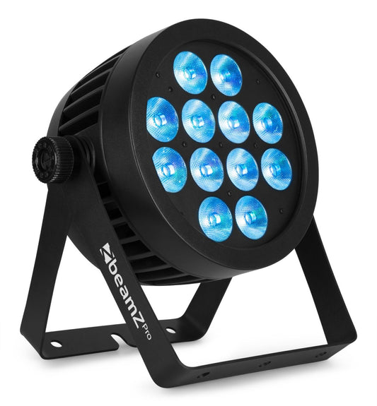 Angled view of the beamZ Pro BWA532 Aluminium IP65 LED PAR 12x 12W 4-in-1 for Outdoor Lighting in Blue.