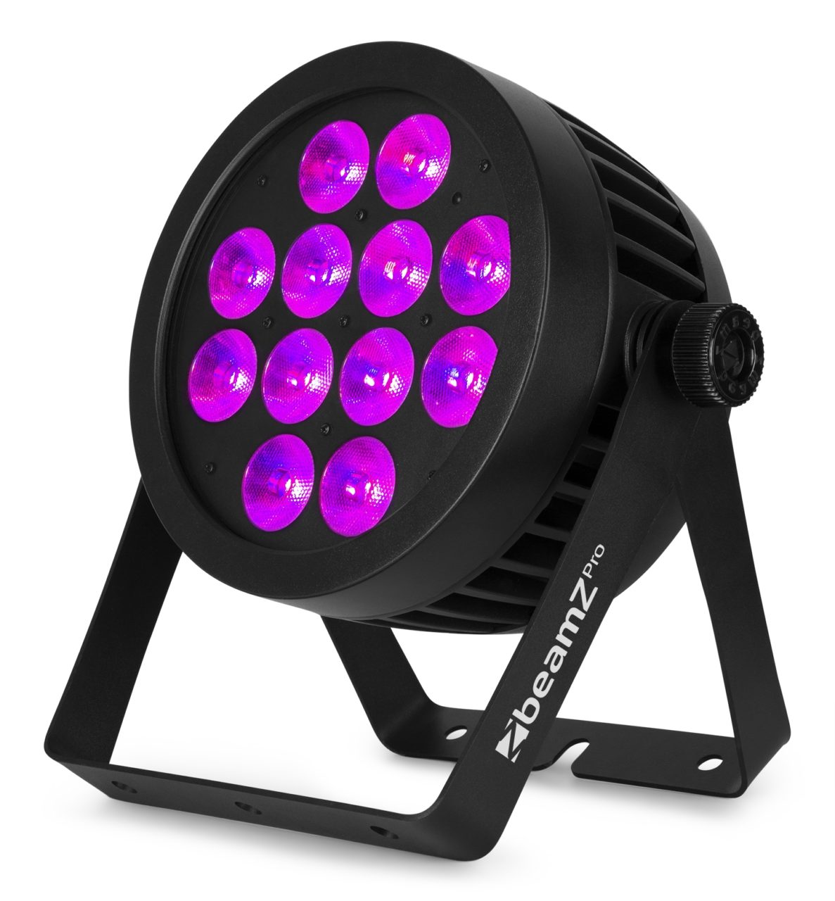 Angled view of the beamZ Pro BWA532 Aluminium IP65 LED PAR 12x 12W 4-in-1 for Outdoor Lighting in Purple.