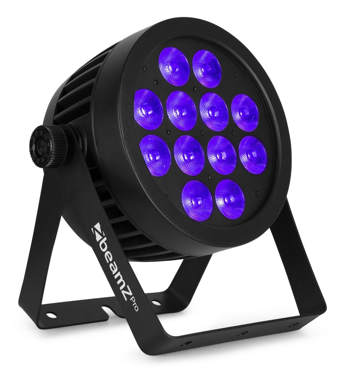 Angled view of the beamZ Pro BWA534 Aluminium IP65 LED PAR 12x 15W 6-in-1 for Outdoor Lighting in Purple.