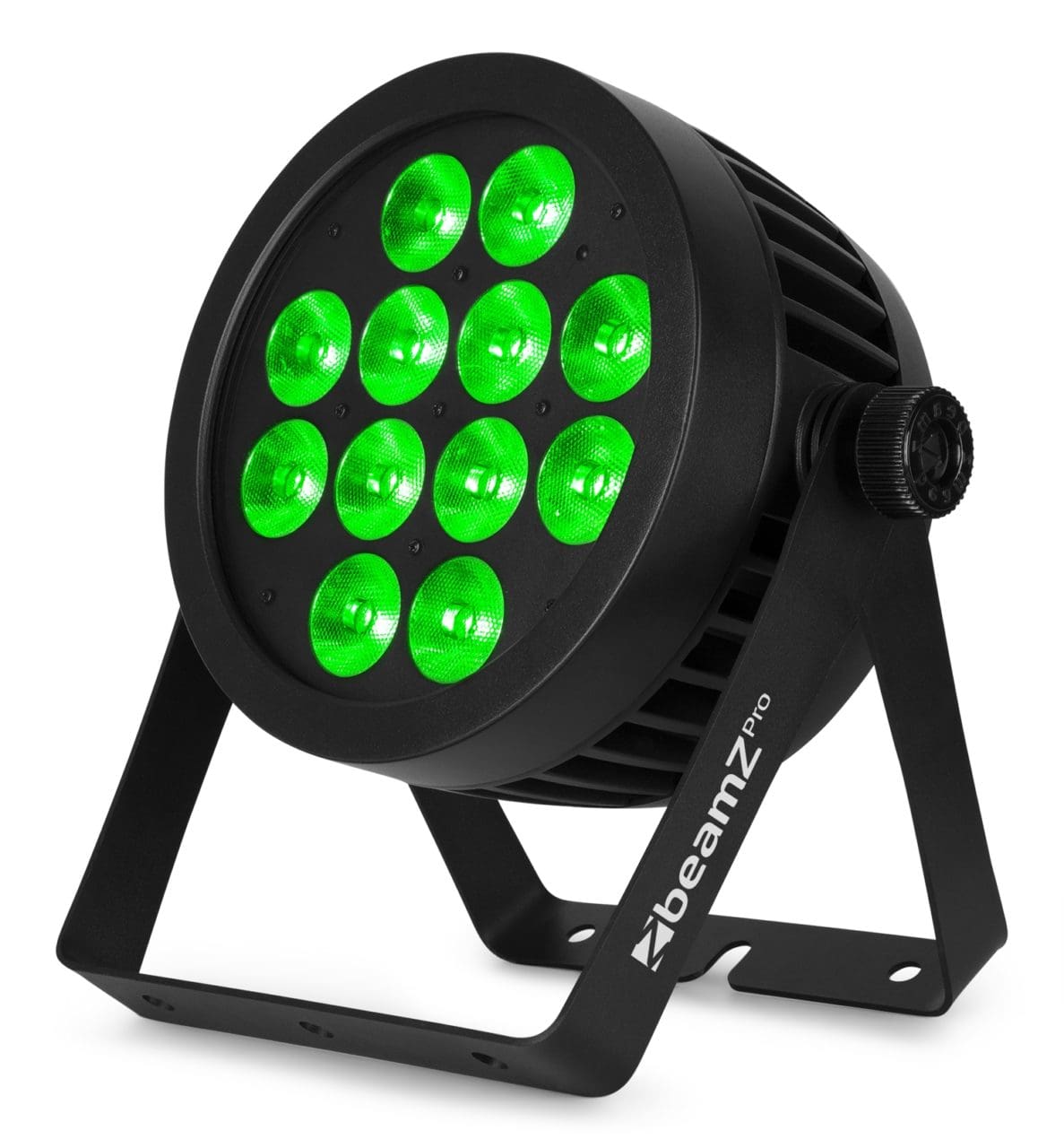 Angled view of the beamZ Pro BWA534 Aluminium IP65 LED PAR 12x 15W 6-in-1 for Outdoor Lighting in Green.