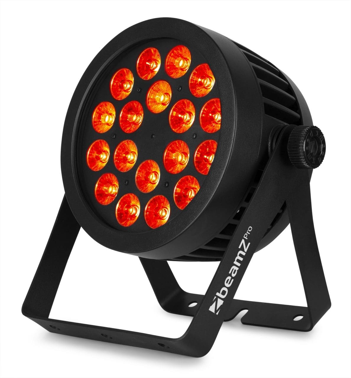 Angled view of the beamZ Pro BWA536 Aluminium IP65 LED PAR 18x 12W 4-in-1 for Outdoor Lighting in Red.