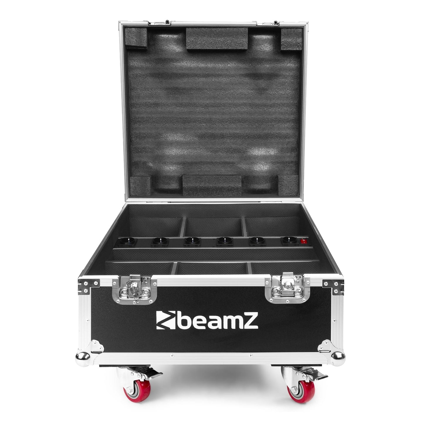 Front view of the open beamZ Pro FCBP6 FlightCase with charging for 6 WBP612IP LED Par fixtures.