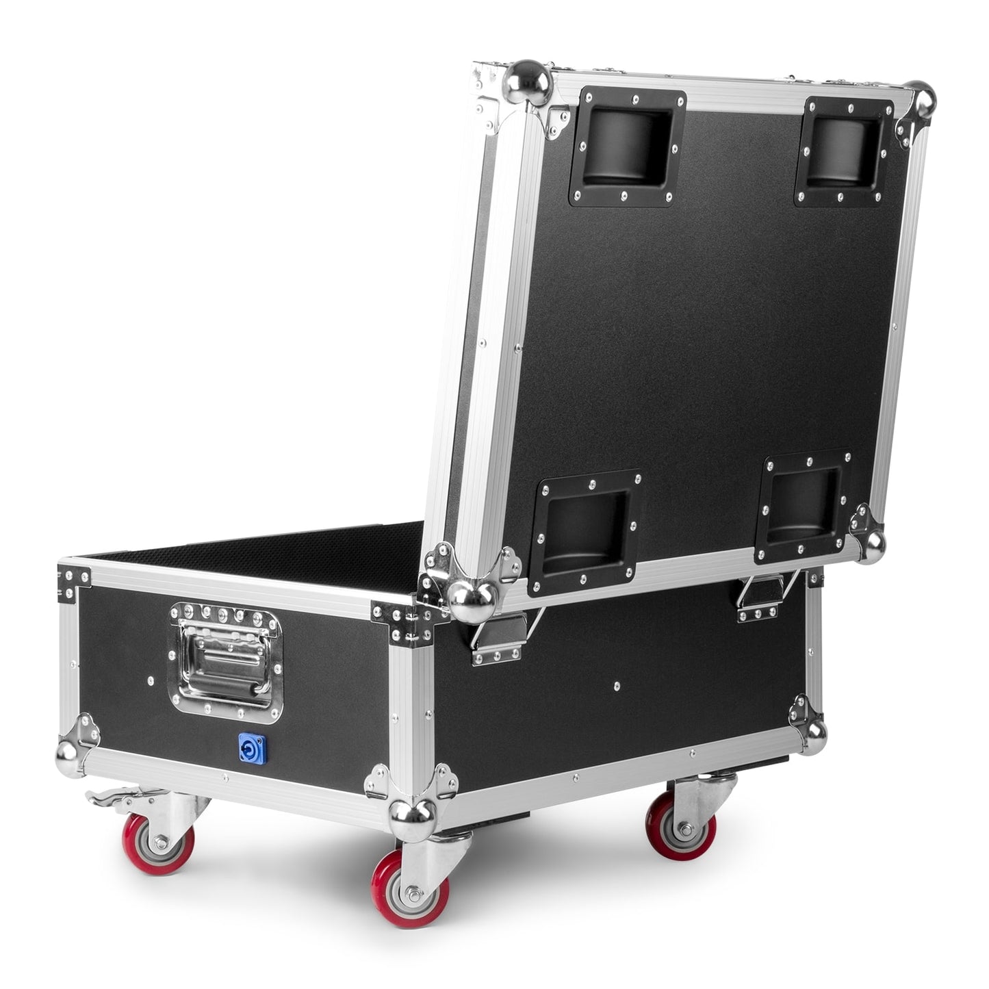 Front angled view of the open beamZ Pro FCBP6 FlightCase with charging for 6 WBP612IP LED Par fixtures.