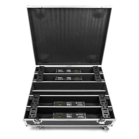 Top view of the open beamZ Pro FCLCB12 Flightcase for 4x LCB1215IP LED Bar with butterfly locks and aluminum profiles.