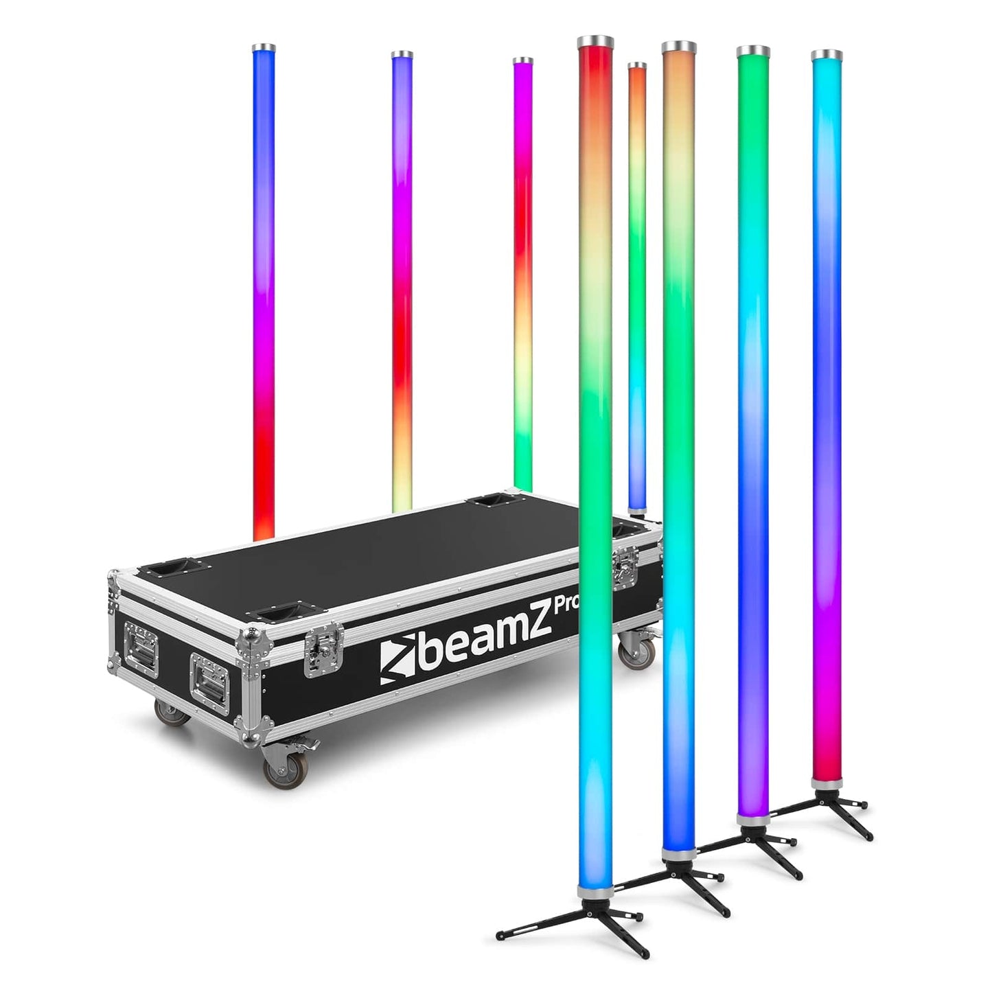 Front view of the beamZ Pro Kratos LED Tube Set with 8 RGBW LED tubes, IP65 weatherproof, and wireless control.