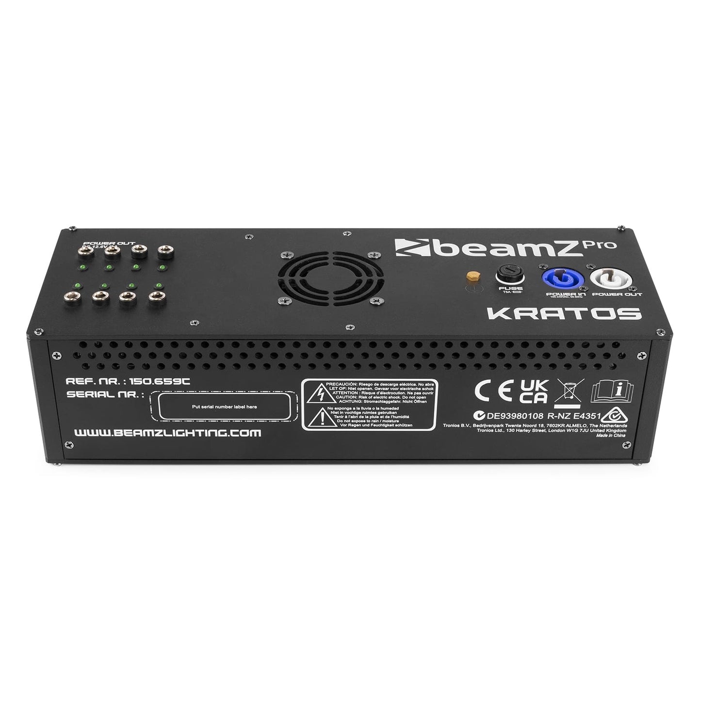 Top view of the Built-in WDMX for the beamZ Pro Kratos LED Tube Set with 8 RGBW LED tubes, IP65 weatherproof, and wireless control.