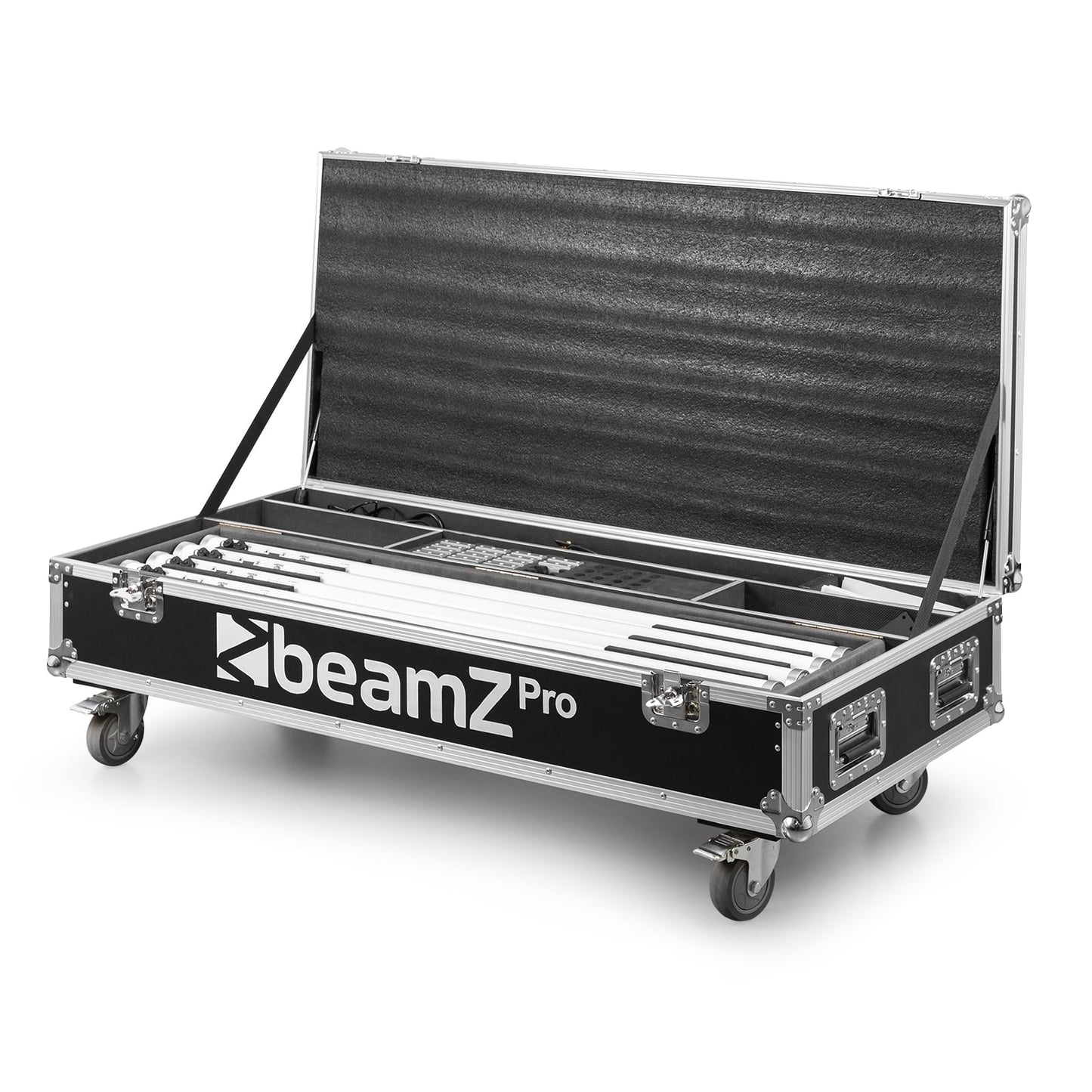 Front view of the open flightcase for the beamZ Pro Kratos LED Tube Set with 8 RGBW LED tubes, IP65 weatherproof, and wireless control.