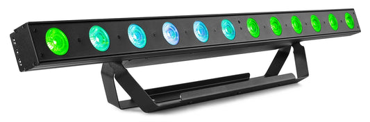 Angled view of the beamZ Pro LCB155 LED Bar Pixel Control with RGBWA-UV color mixing in Blue and Green.
