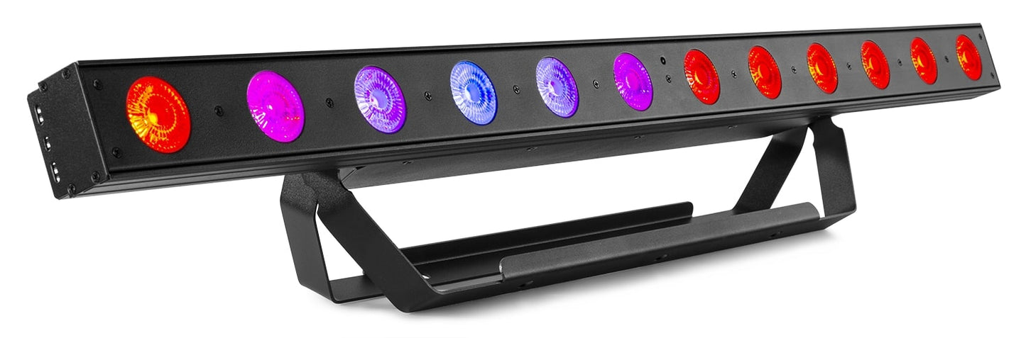 Angled view of the beamZ Pro LCB155 LED Bar Pixel Control with RGBWA-UV color mixing in Purple and Red.