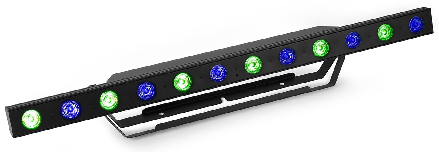 Angled view of the beamZ Pro LCB155 LED Bar Pixel Control with RGBWA-UV color mixing in Blue and Green.