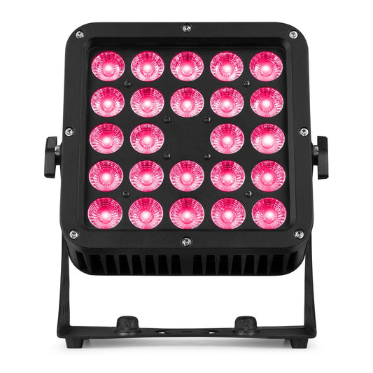 Front view of the beamZ Pro StarColor200 Flood Light with 24x 10W RGBW LEDs, IP65 rating, and DMX control in Pink.