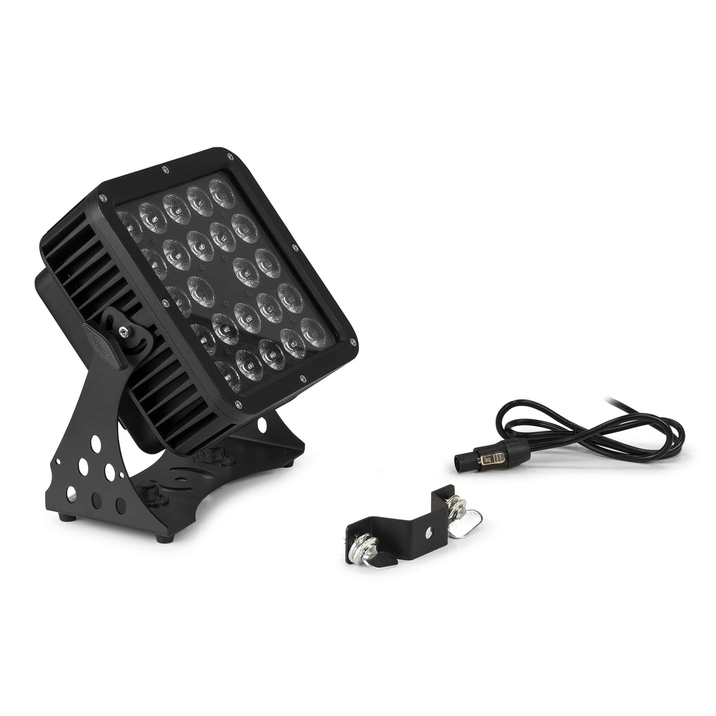 Front view of the beamZ Pro StarColor200 Flood Light with 24x 10W RGBW LEDs, IP65 rating, and DMX control with mounting brackets and power cable.