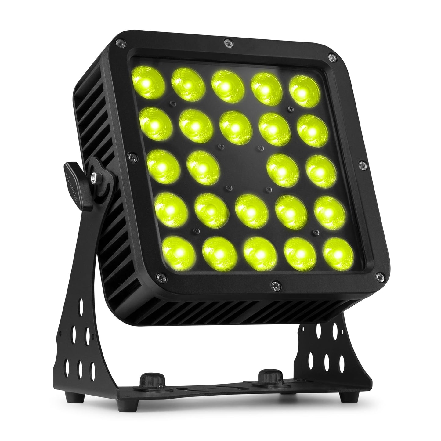 Front angled view of the beamZ Pro StarColor200 Flood Light with 24x 10W RGBW LEDs, IP65 rating, and DMX control in Yellow.