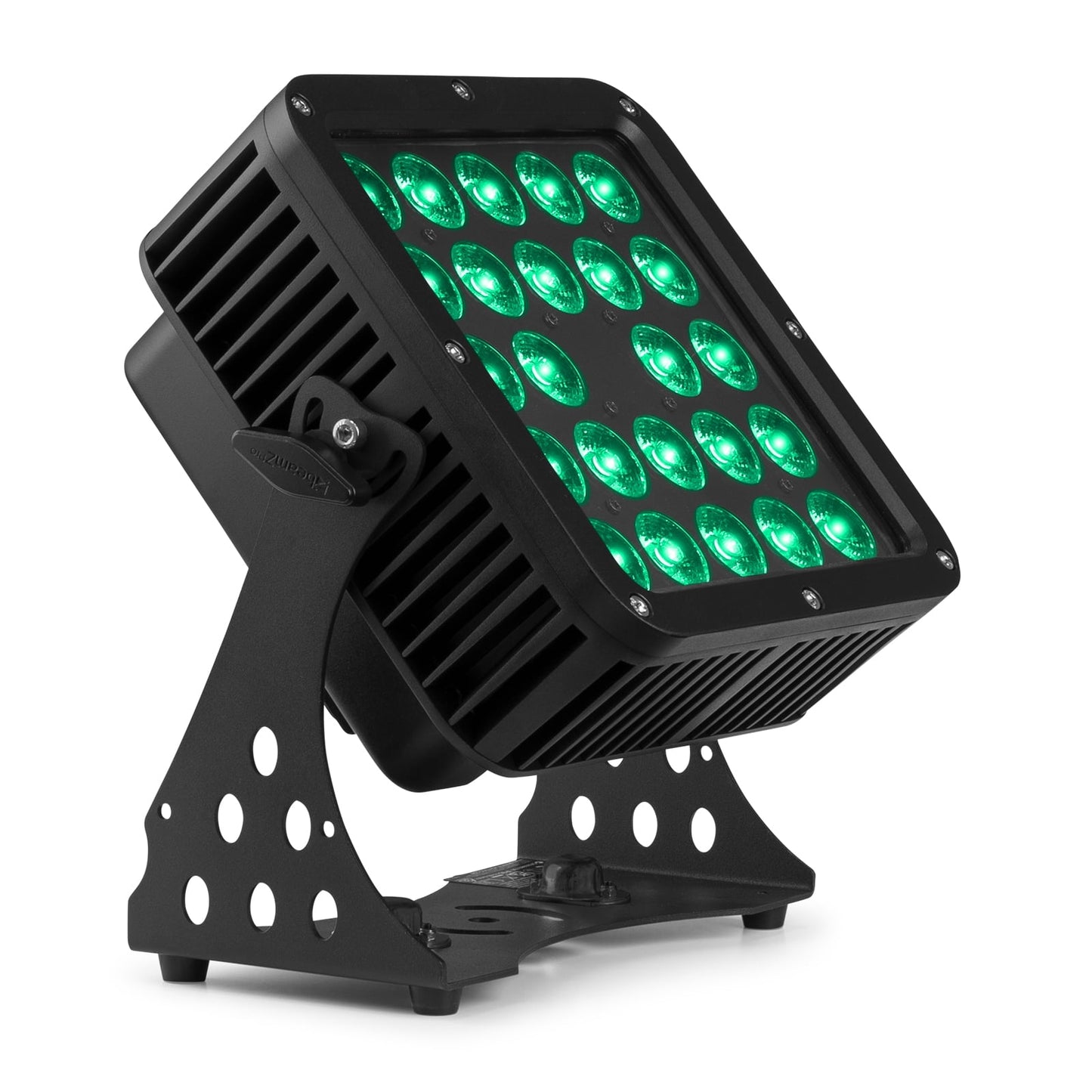 Front angled view of the beamZ Pro StarColor200 Flood Light with 24x 10W RGBW LEDs, IP65 rating, and DMX control in Green.