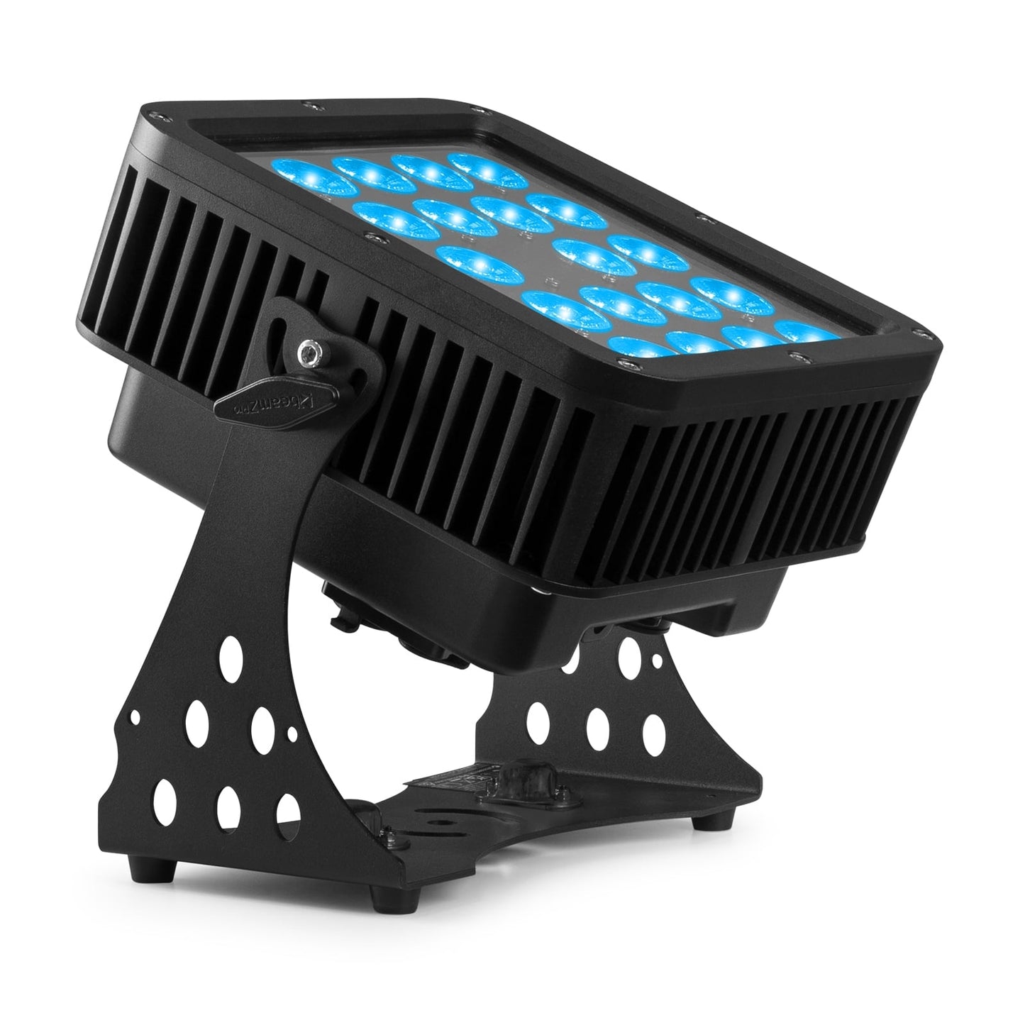 Front angled view of the beamZ Pro StarColor200 Flood Light with 24x 10W RGBW LEDs, IP65 rating, and DMX control in Blue.