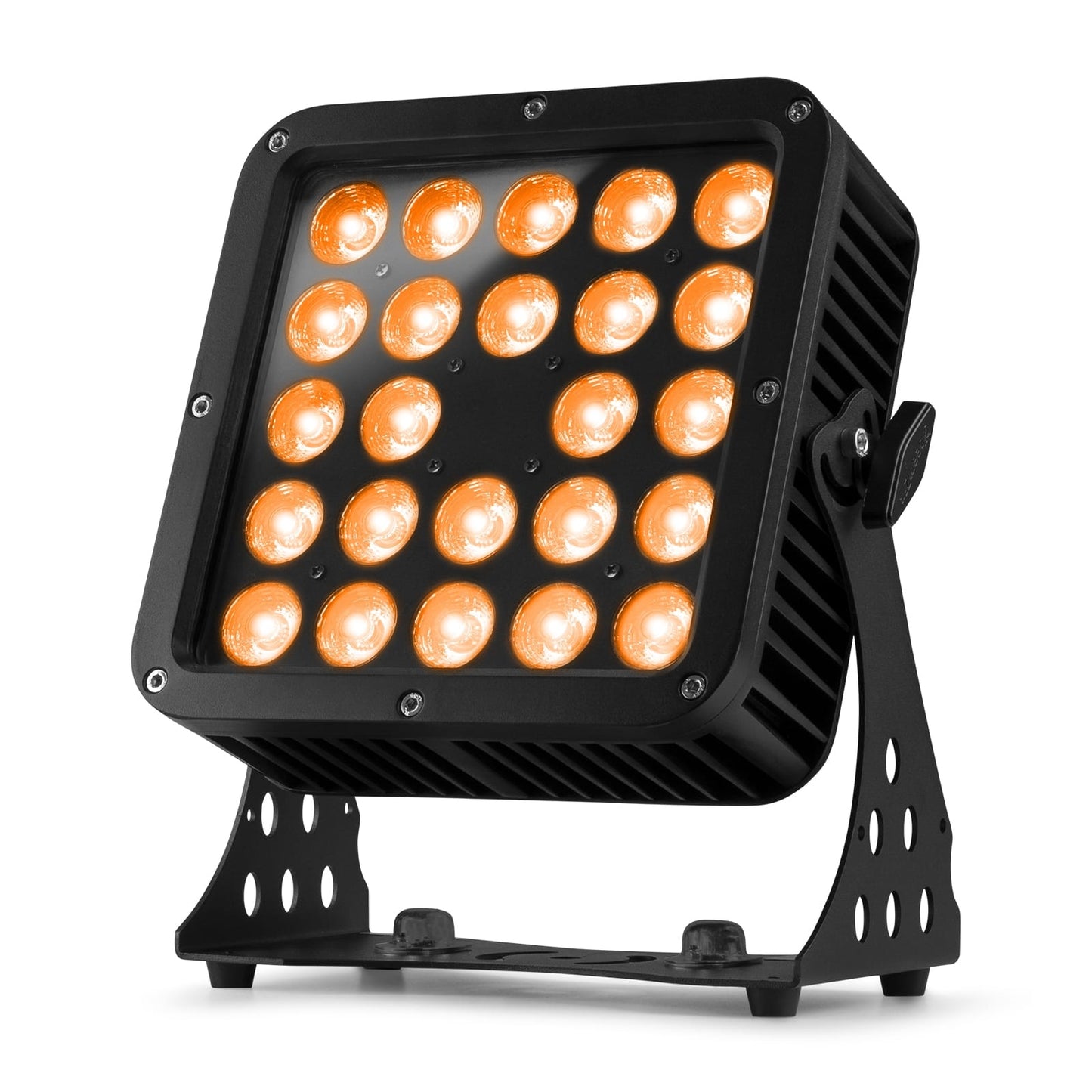 Front angled view of the beamZ Pro StarColor200 Flood Light with 24x 10W RGBW LEDs, IP65 rating, and DMX control in Orange.