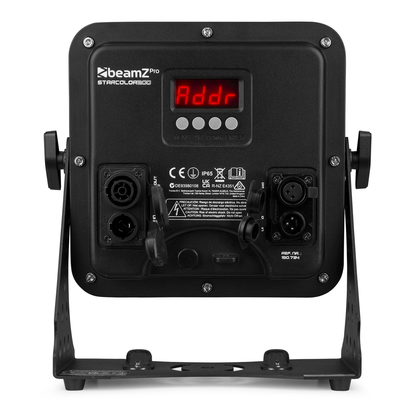 Back view of the beamZ Pro StarColor200 Flood Light with 24x 10W RGBW LEDs, IP65 rating, and DMX control.