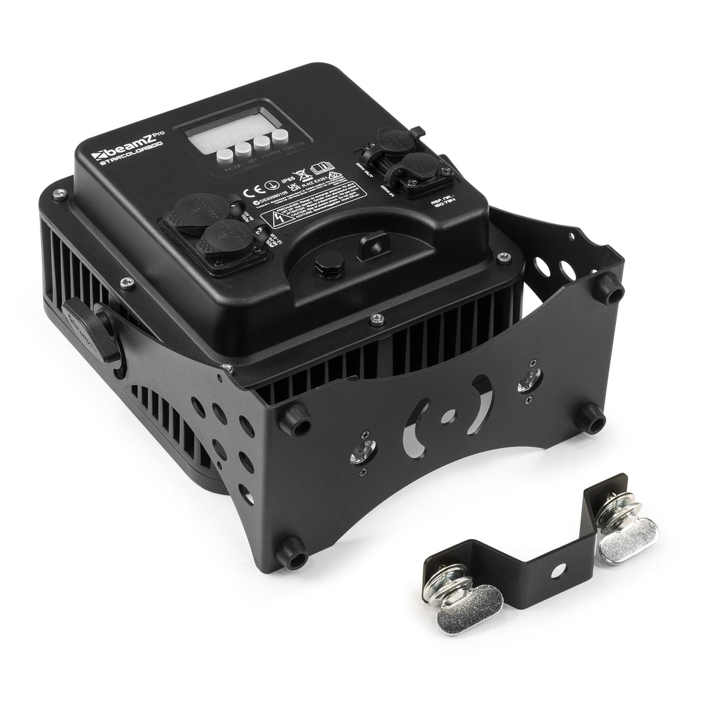 Top view of the back of the beamZ Pro StarColor200 Flood Light with 24x 10W RGBW LEDs, IP65 rating, and DMX control with mounting brackets.