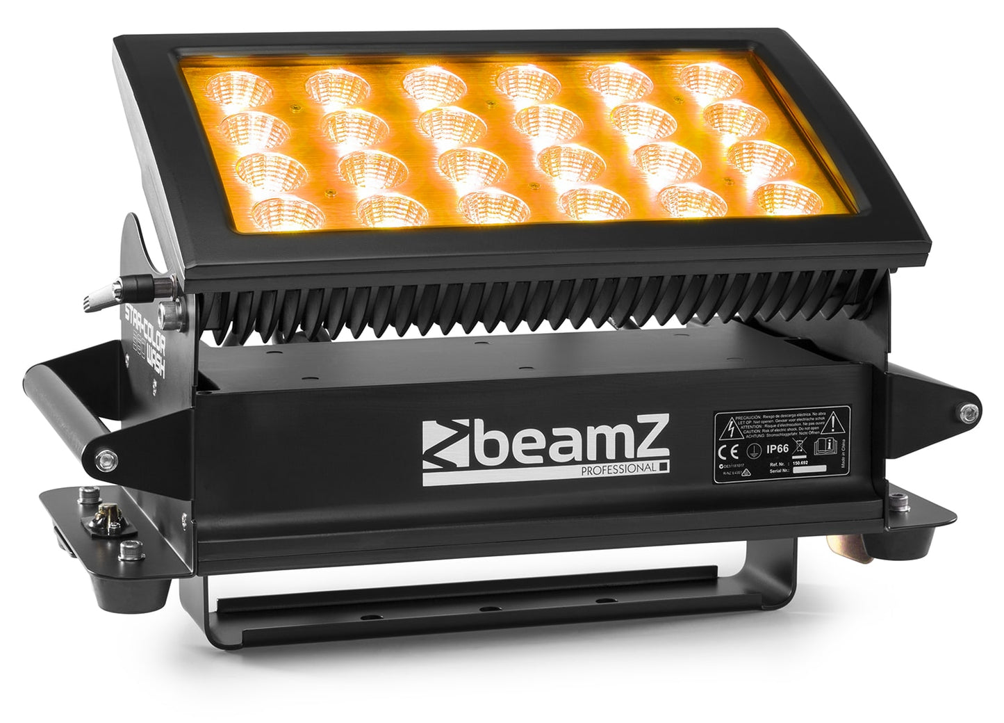 Front view of the beamZ Pro StarColor360 Wash Light with 24x 15W RGBWA LEDs for Outdoor Use in Orange.