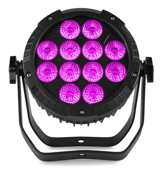 Front view of the beamZ Pro WBP1212IP Aluminium IP65 Battery LED PAR with 6-in-1 LEDs in Pink.