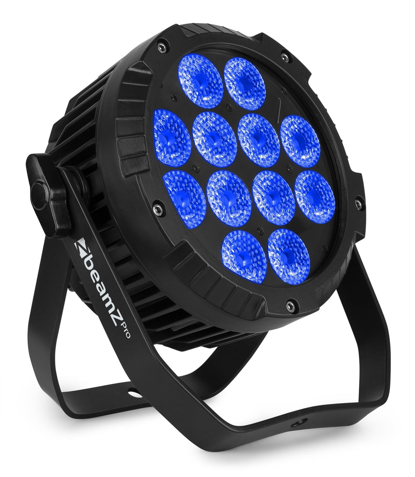 Front angled view of the beamZ Pro WBP1212IP Aluminium IP65 Battery LED PAR with 6-in-1 LEDs in Blue 1.
