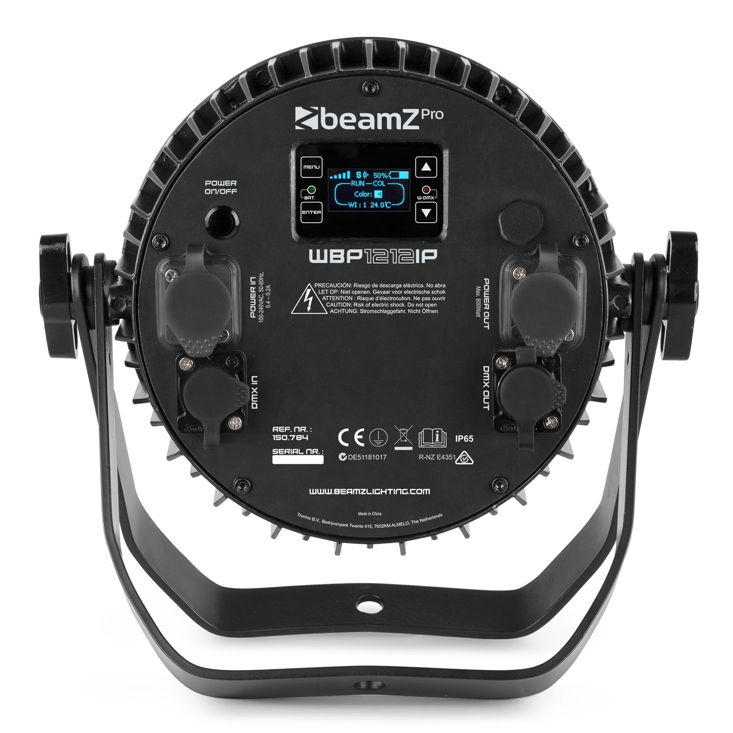 Back view of the beamZ Pro WBP1212IP Aluminium IP65 Battery LED PAR with 6-in-1 LEDs.